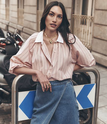 Petite Striped Poplin Ruched Bubble Shirt