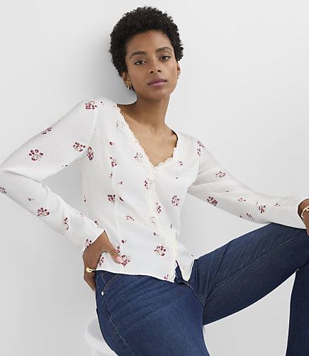Floral Lace Trim V-Neck Blouse