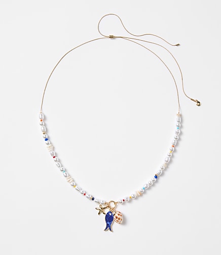 Pearlized Fish & Seashell Pull Tie Necklace