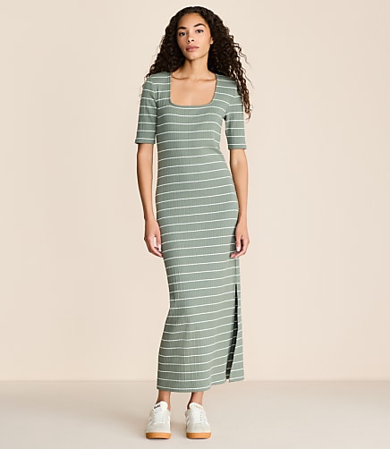 Lou & Grey Stripe Ribbed Maxi Elbow Sleeve Dress