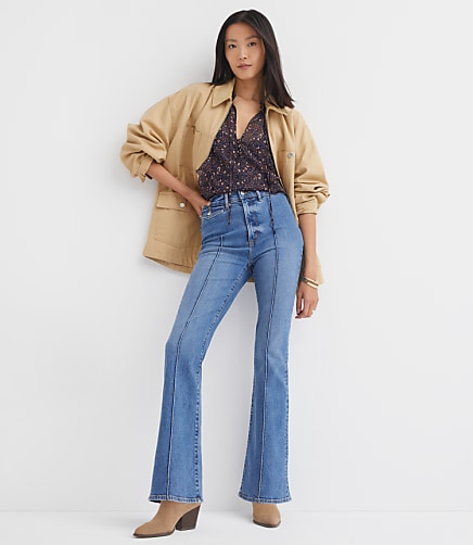 Pintucked High Rise Slim Flare Jeans in Medium Stone Wash