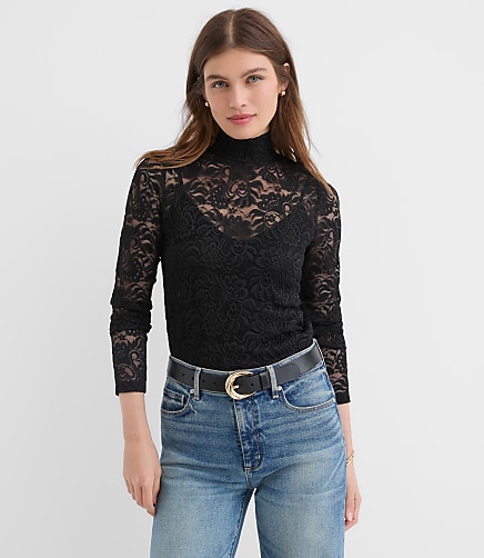 Lace Long Sleeve Turtleneck Top - Black