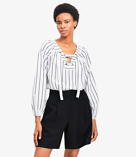 Petite Striped Lace Up Blouse