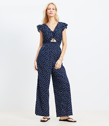 Petite LOFT Beach Floral Crinkle Cutout Flutter Jumpsuit