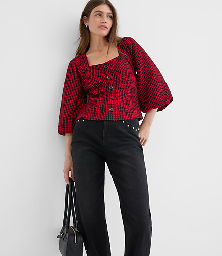 Gingham Gathered Square Neck Top