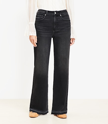 Curvy Unpicked Hem High Rise Wide Leg Jeans in Washed Black