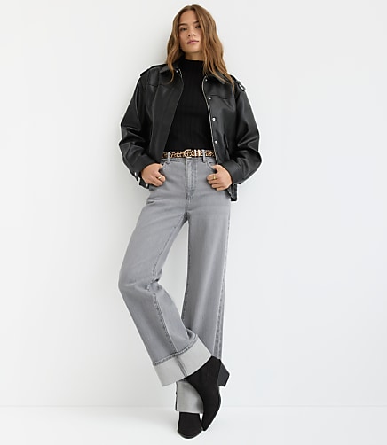 Petite Cuffed High Rise Wide Leg Jeans in Grey