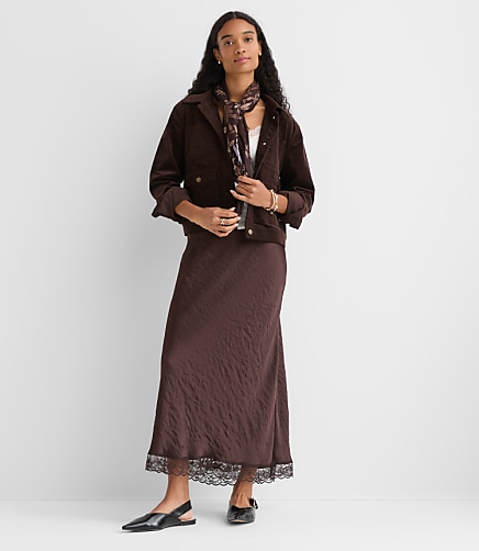Petite Lace Trim Satin Bias Maxi Skirt