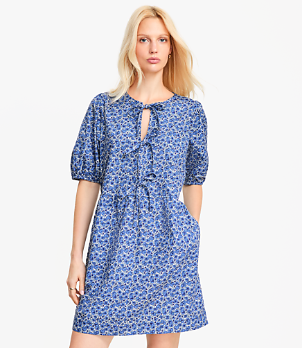 Petite Floral Poplin Bow Mini Pocket Dress