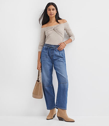 Petite Pull On High Rise Barrel Jeans in Vintage Light Indigo Wash