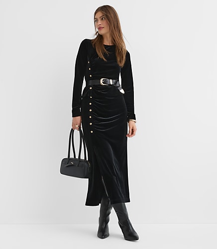 Velvet Ruched Button Midi Skirt