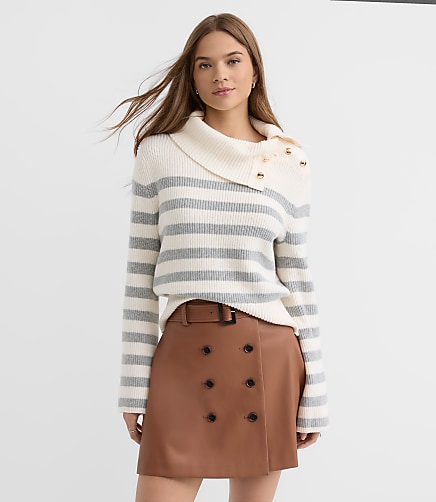 Stripe Button Neck Flare Sleeve Sweater