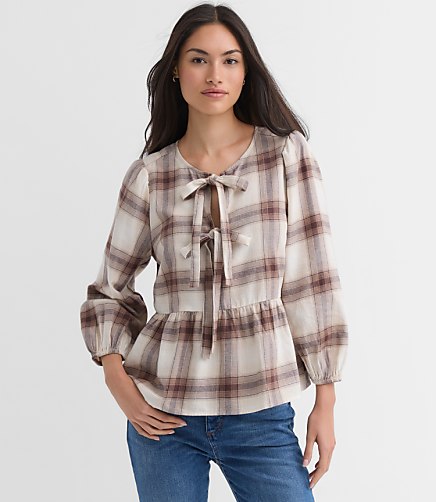 Plaid Flannel Bow Peplum Top