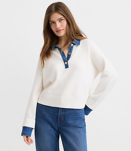 Denim Trim Henley Sweater