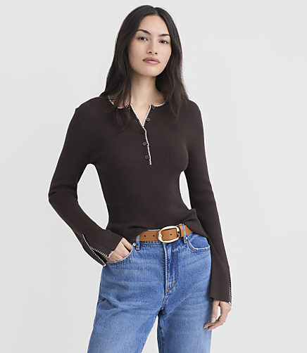 Contrast Stitched Split Cuff Henley Sweater