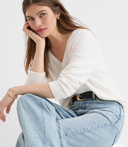 Sparkle Embellished High Rise Barrel Jeans in Vintage Light Indigo Wash