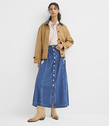 Yoke Button Denim Midi Skirt in Classic Mid Wash