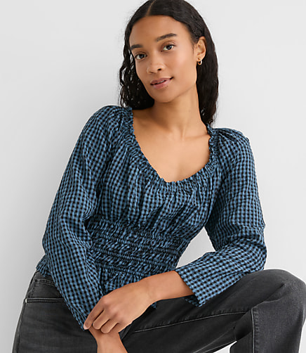 Gingham Smocked Ruffle V-Neck Blouse