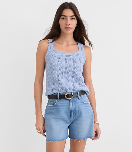Scalloped Square Neck Sweater Tank Top - Placid Blue