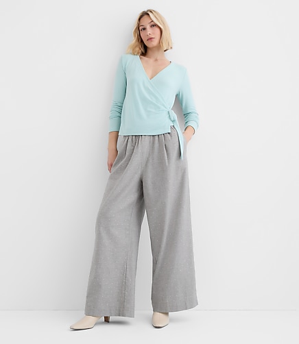 Petite Pleated Pull On Wide Leg Pants in Herringbone