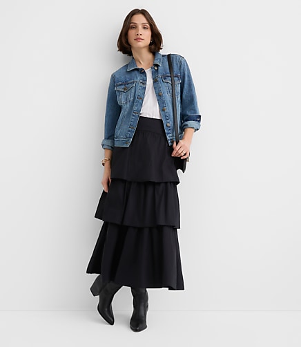 Yoke Poplin Ruffle Tiered Midi Skirt