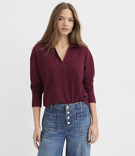 Waffle Collared V-Neck Top
