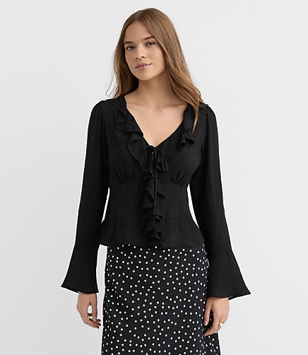 Petite Jacquard Ruffle Tie Neck Blouse