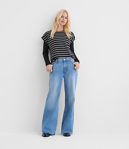 Rivete Petite Fresh Cut Mid Rise Loose Flare Jeans in Light Wash