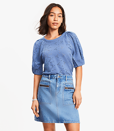Petite Eyelet Mixed Media Short Sleeve Sweatshirt