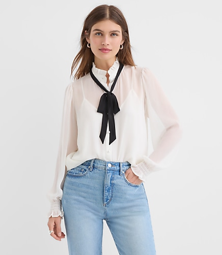 Pearlized Button Ruffle Bow Blouse