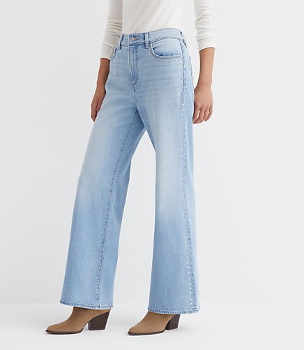 Petite Curvy Studded High Rise Wide Leg Jeans In Mid Vintage Wash