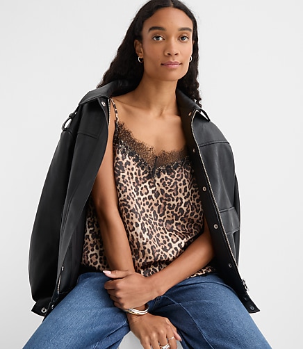 Petite Leopard Print Lace Trim Satin Cami