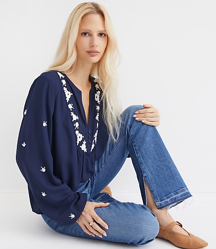 Floral Embroidered Bib Blouse