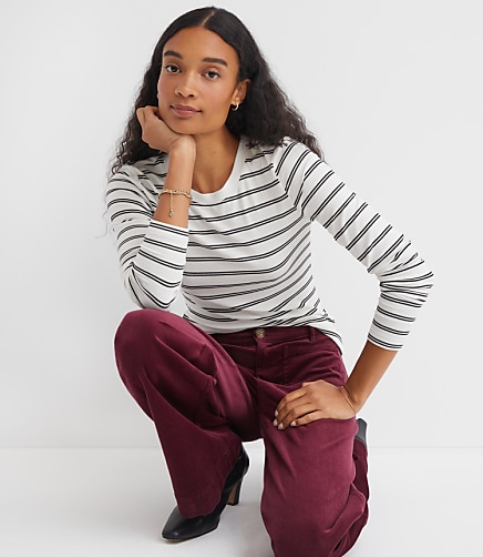 Stripe Ribbed Crew Neck Long Sleeve Tee