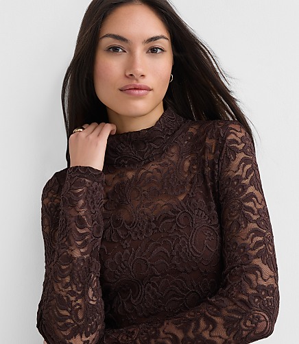 Petite Lace Long Sleeve Turtleneck Top