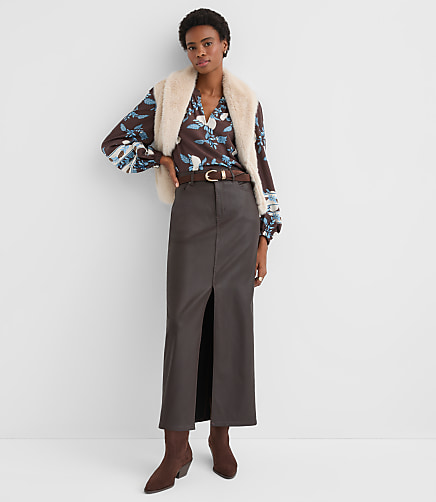 Coated Denim Maxi Skirt in Brown
