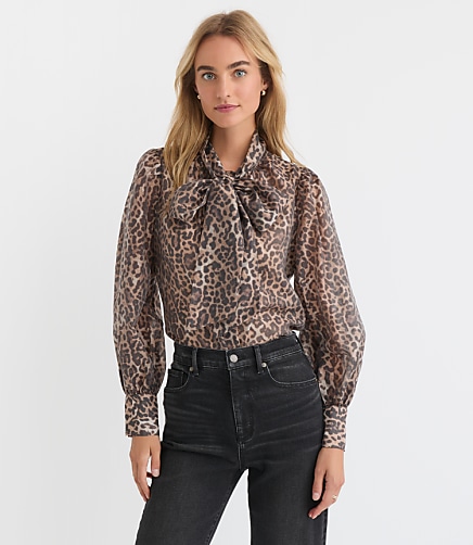 Petite Leopard Print Blouson Sleeve Bow Blouse