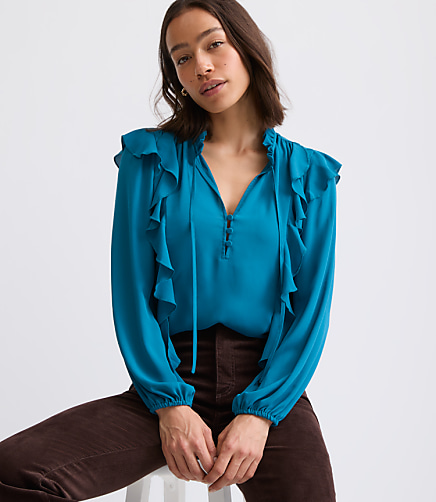 Petite Ruffle Button Tie Neck Blouse