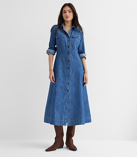 Petite Chambray Seamed Midi Pocket Shirtdress