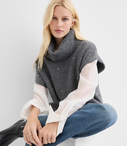 Sparkle Embellished Turtleneck Poncho Sweater