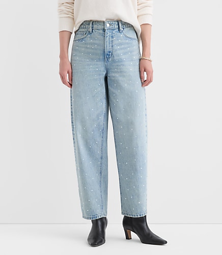 Curvy Sparkle Embellished High Rise Barrel Jeans in Vintage Light Indigo Wash