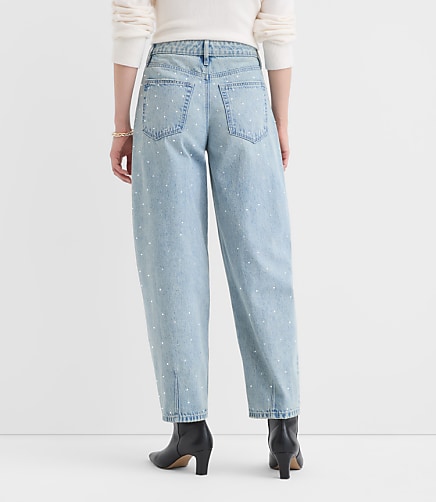 Petite Curvy Sparkle Embellished High Rise Barrel Jeans in Vintage Light Indigo Wash