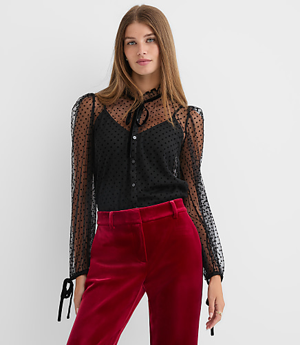 Petite Velvet Dot Tulle Bow Blouse