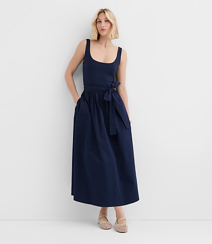 Tie Waist Mixed Media Midi Pocket Dress