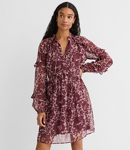 Petite Shimmer Ruffle Tie Neck Mini Dress