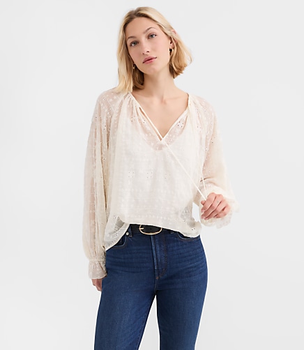 Eyelet Ruffle Cuff Tie Neck Blouse