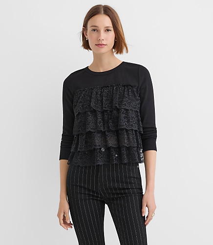 Petite Lace Ruffle Mixed Media Top