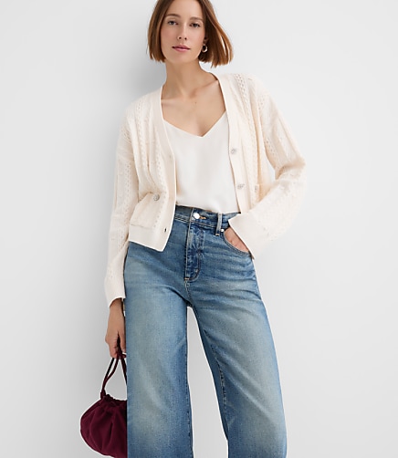 Petite Crystal Button Cable V-Neck Cardigan