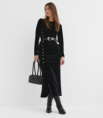 Petite Velvet Ruched Button Midi Skirt