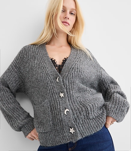 Petite Shimmer Moon & Star Jeweled Button Cardigan